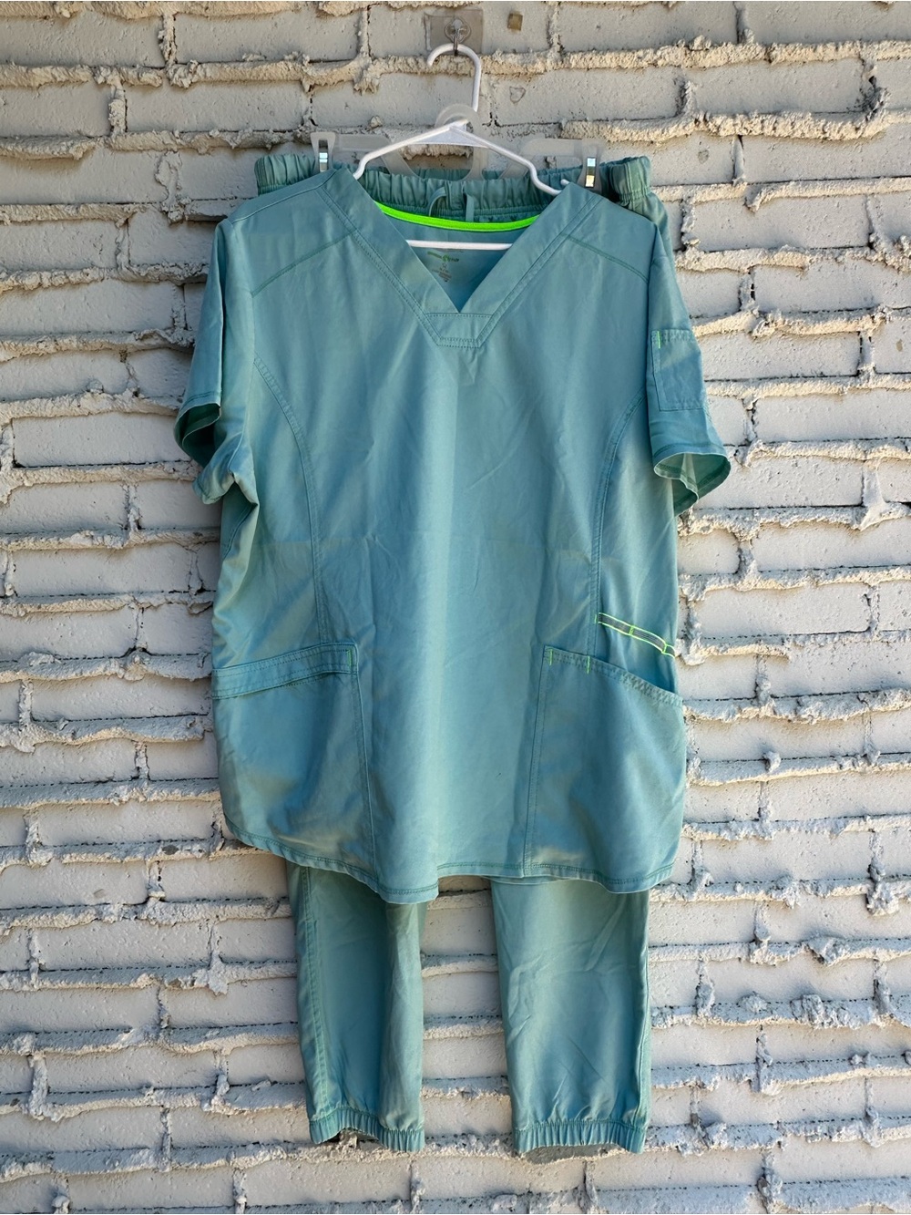 Scrubstar Teal Scrub Top and Jogger Scrub Pants set with Neon Green Trim